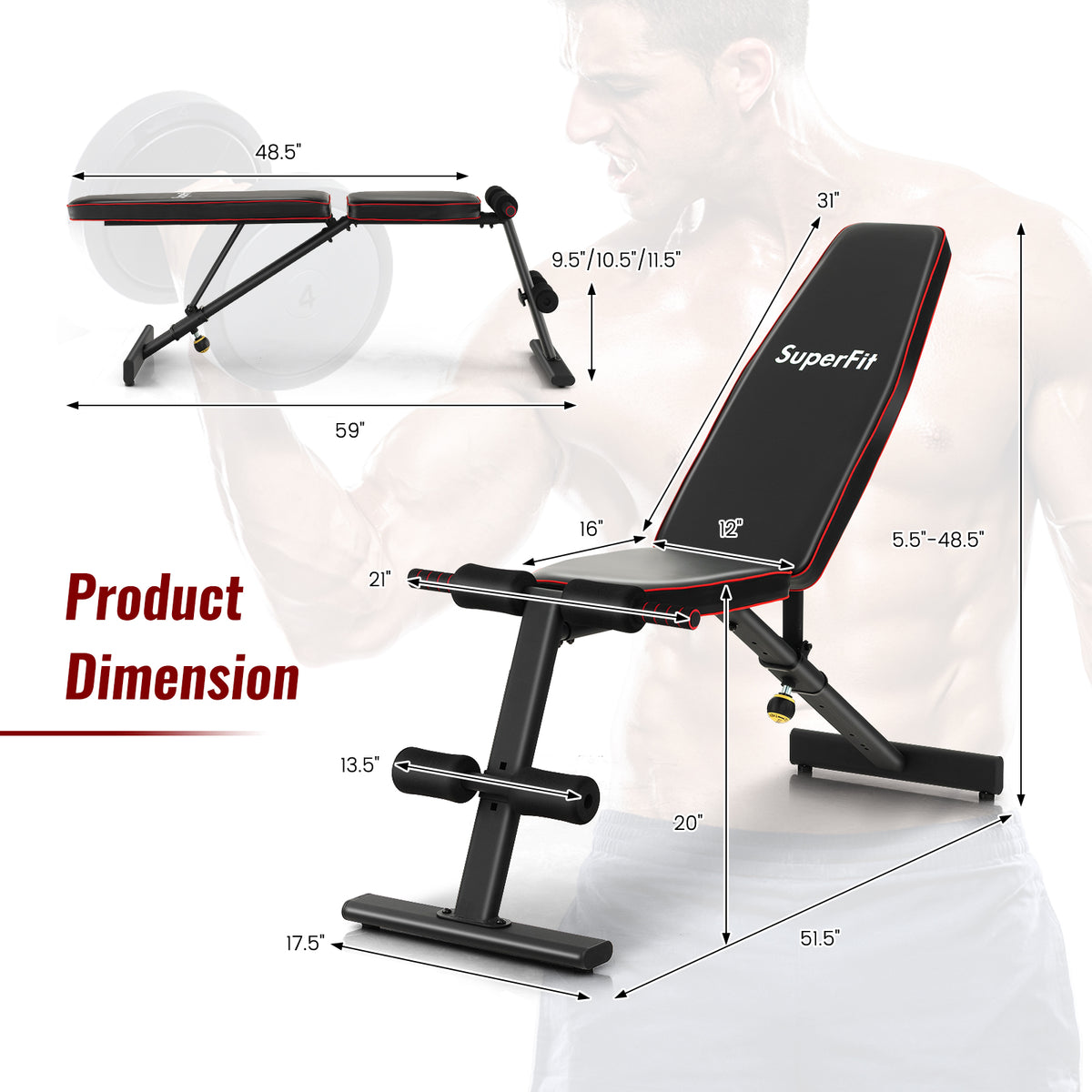 8-Position Adjustable Weight Bench for Full Body Workout - Black