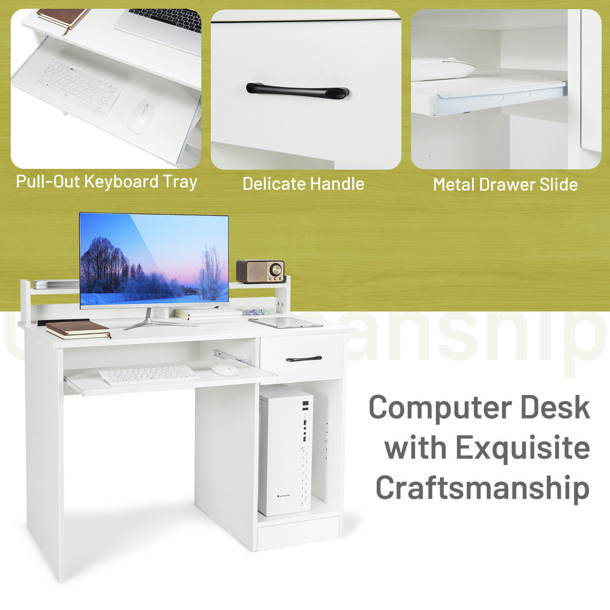 Laptop Study Table with Drawer and Keyboard Tray - White