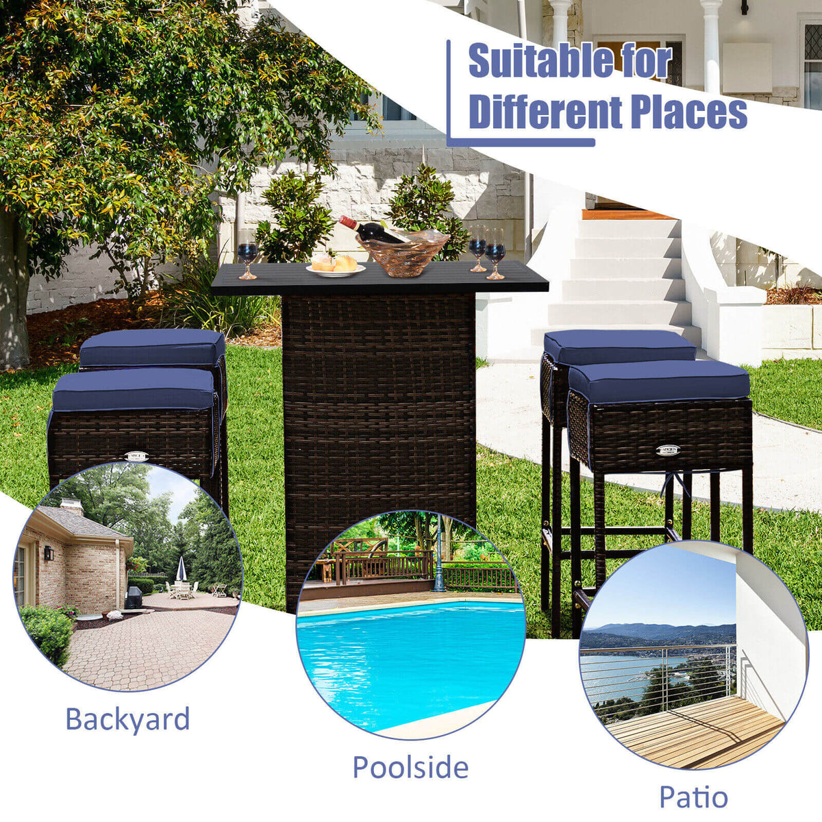 5 Pieces Patio Rattan Bar Furniture Set with Cushions and Hidden