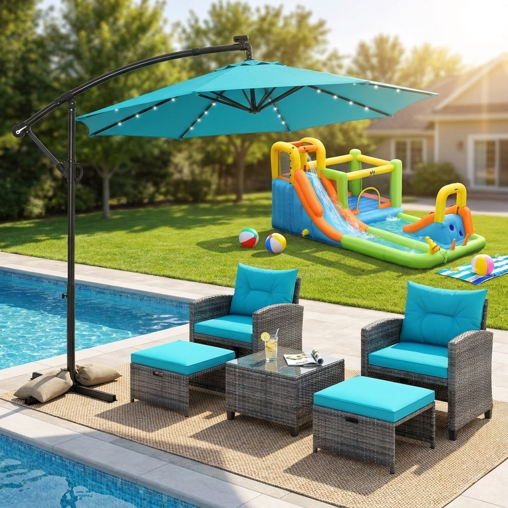 Summer Patio Luxury Bundle: 5-Pc Rattan Furniture Set, 8-in-1 Water