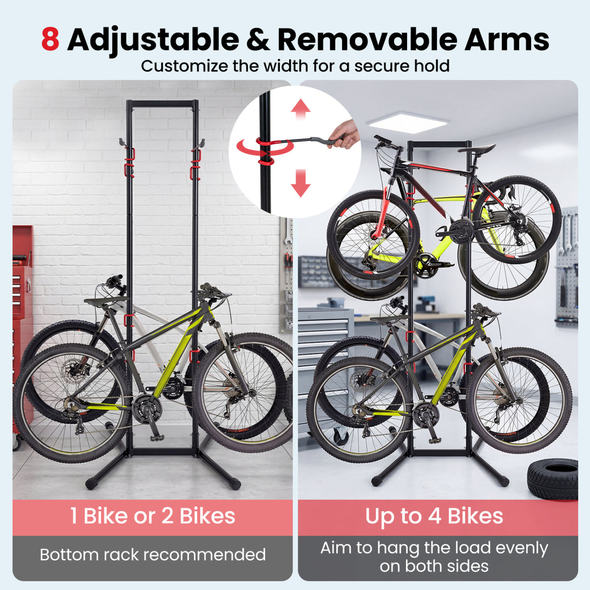 Adjustable Bike Storage Rack with Vertical Stand for 4 Bikes and