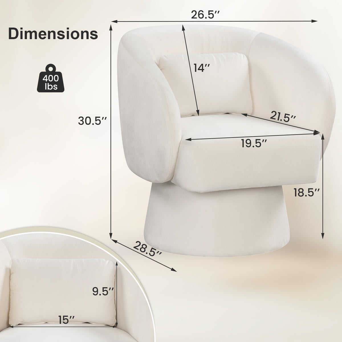 Swivel Accent Chair Upholstered Barrel with Lumbar Pillow - Beige