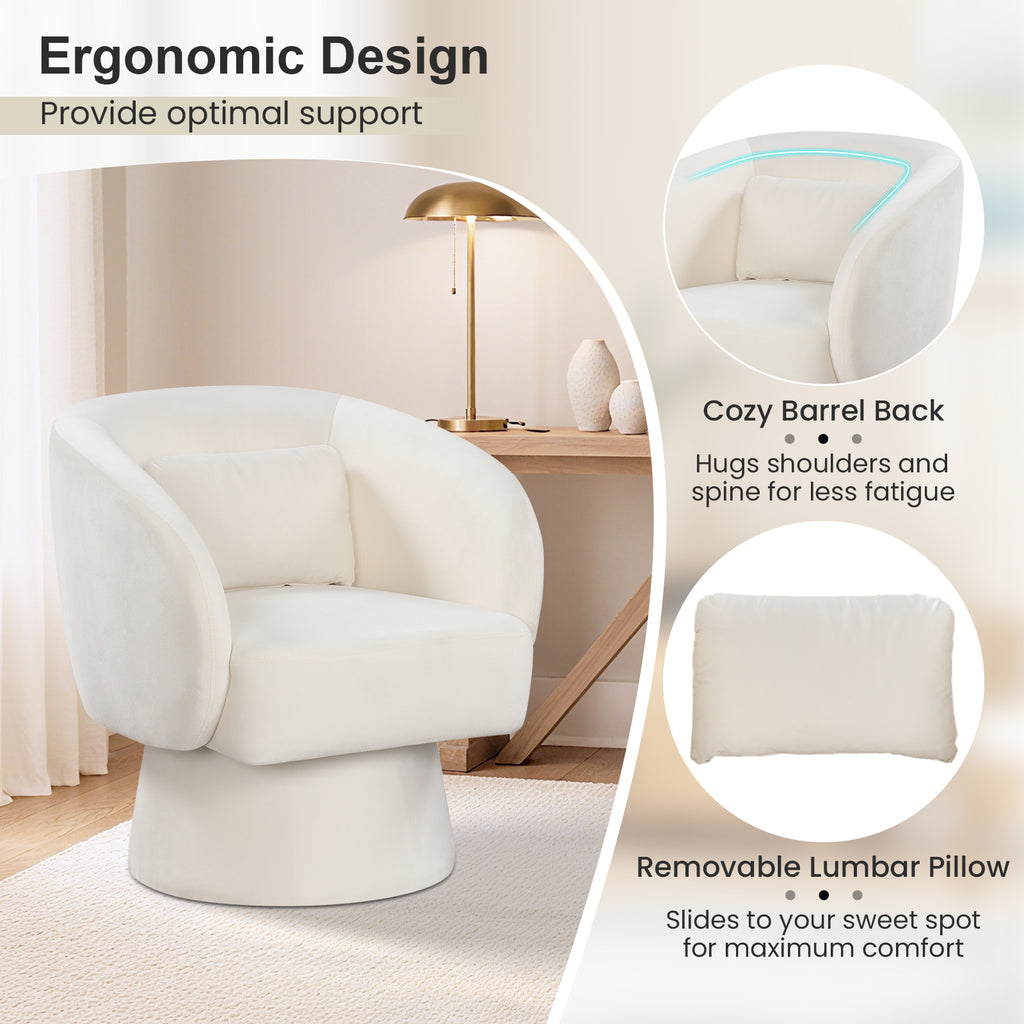 Swivel Accent Chair Upholstered Barrel with Lumbar Pillow - Beige