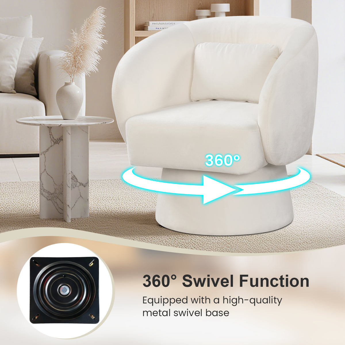 Swivel Accent Chair Upholstered Barrel with Lumbar Pillow - Beige