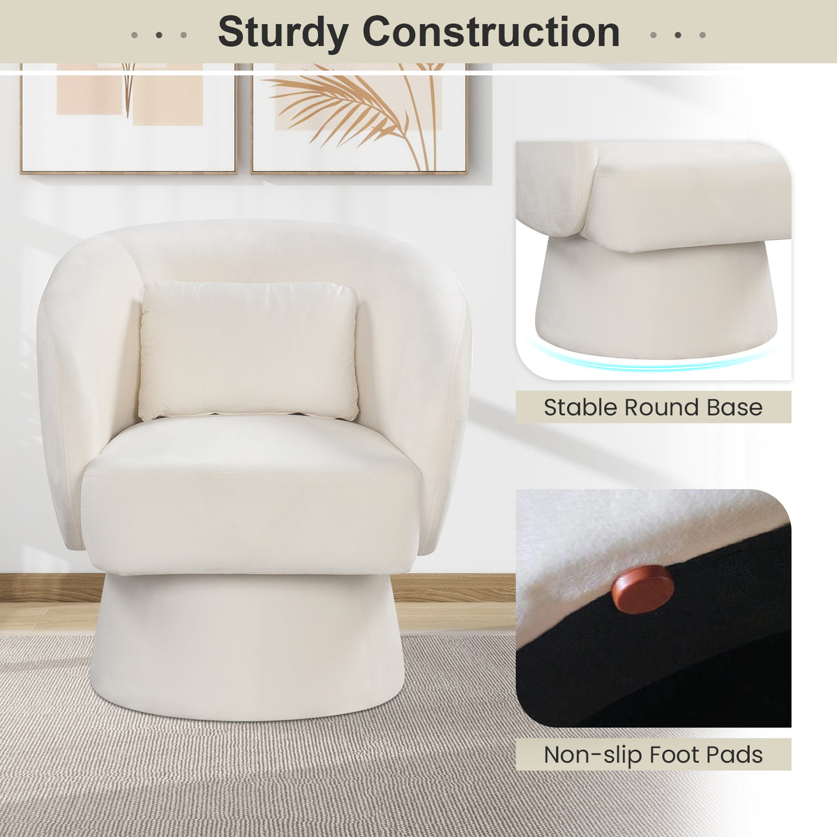 Swivel Accent Chair Upholstered Barrel with Lumbar Pillow - Beige