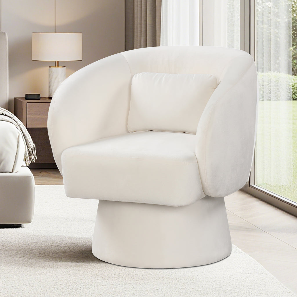 Swivel Accent Chair Upholstered Barrel with Lumbar Pillow - Beige