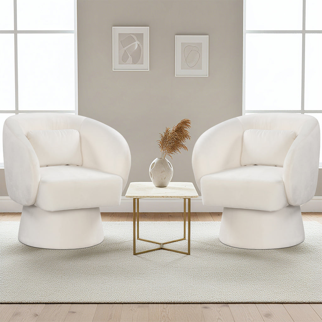 Swivel Accent Chair Upholstered Barrel with Lumbar Pillow - Beige