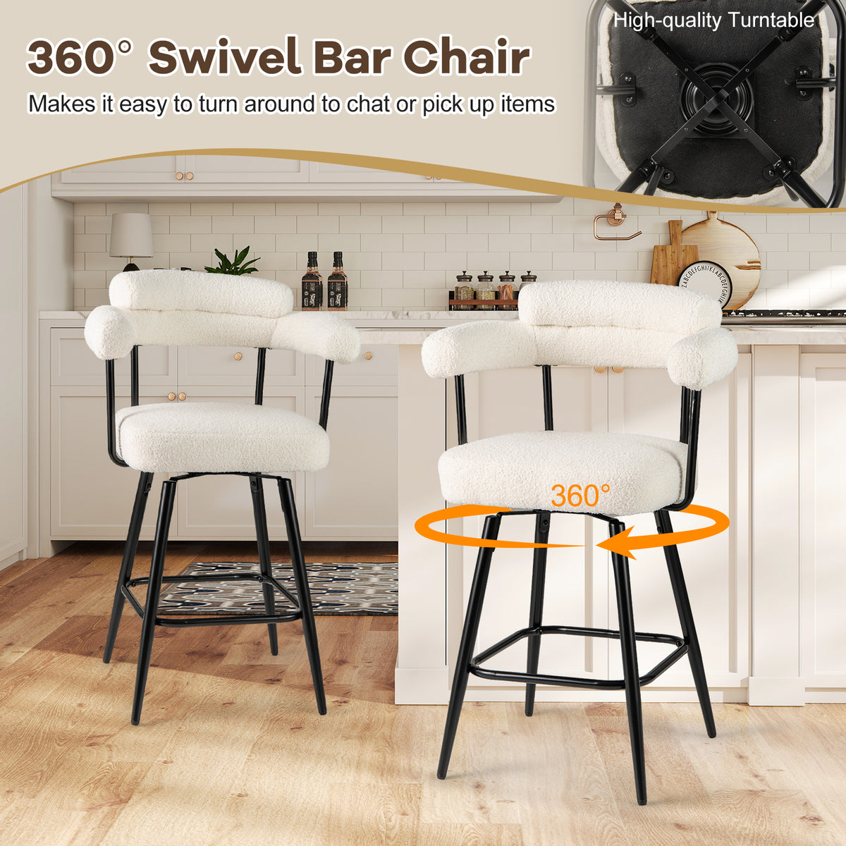 Counter Height Bar Stool Set of 2 with Arms, White