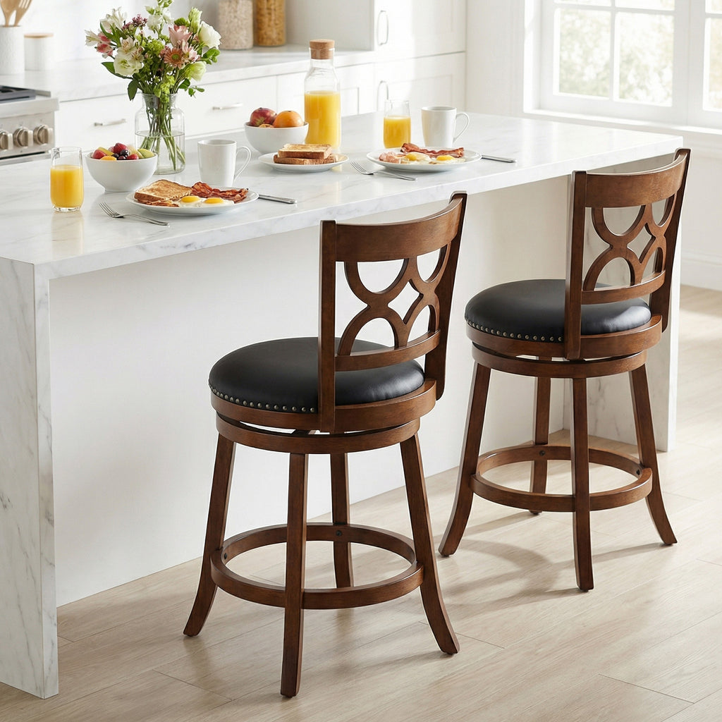24 Inch Bar Stools Set of 2 with High Backrest - Wood Frame