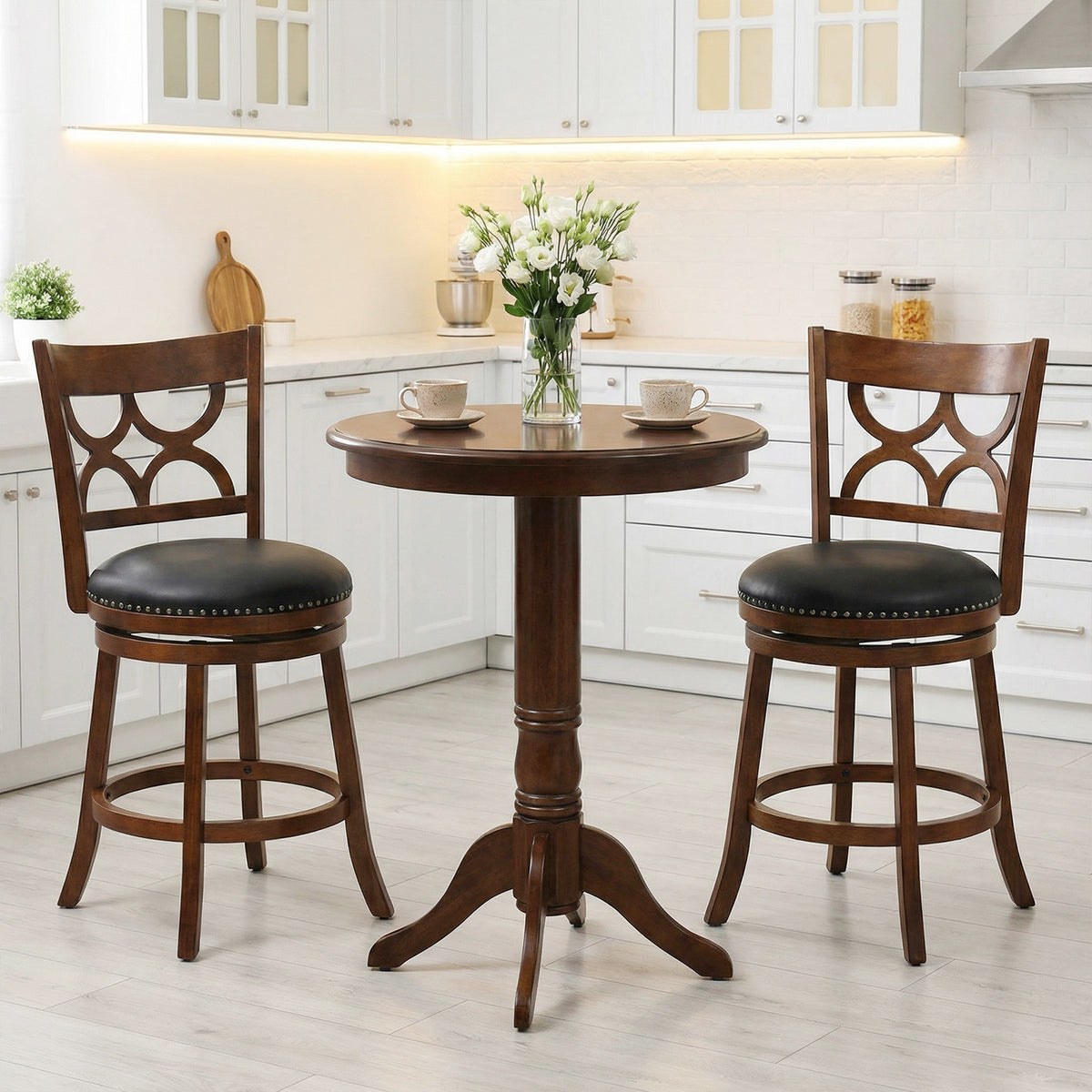 24 Inch Bar Stools Set of 2 with High Backrest - Wood Frame