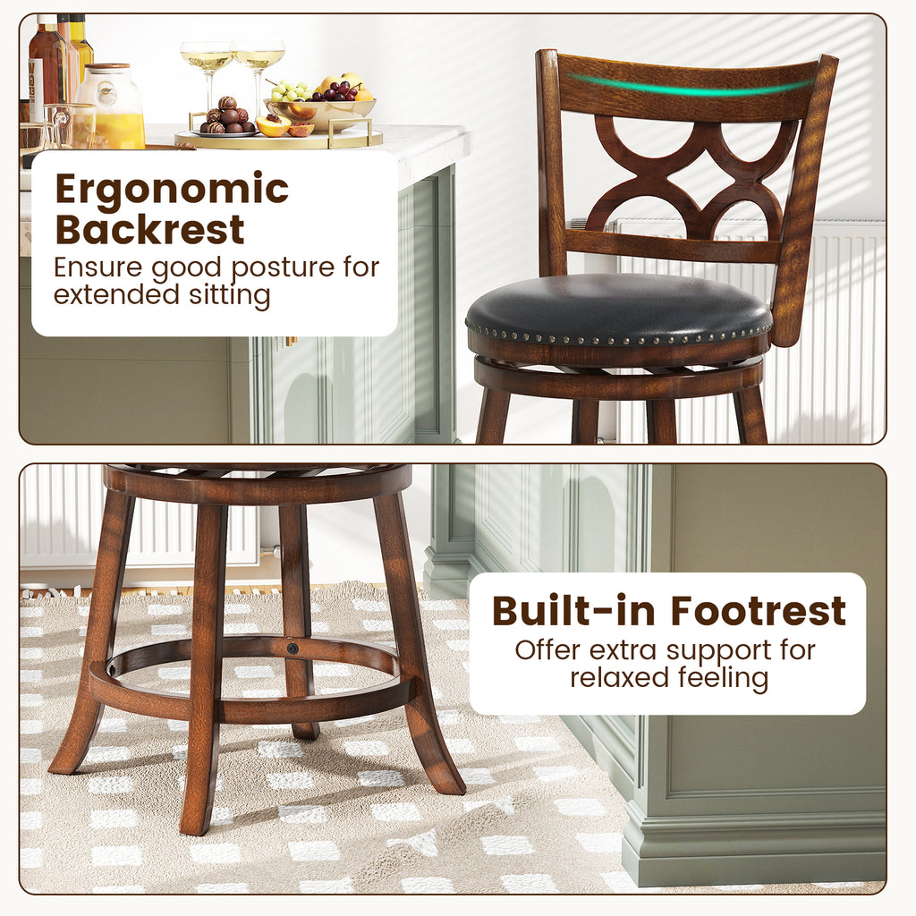24 Inch Bar Stools Set of 2 with High Backrest - Wood Frame