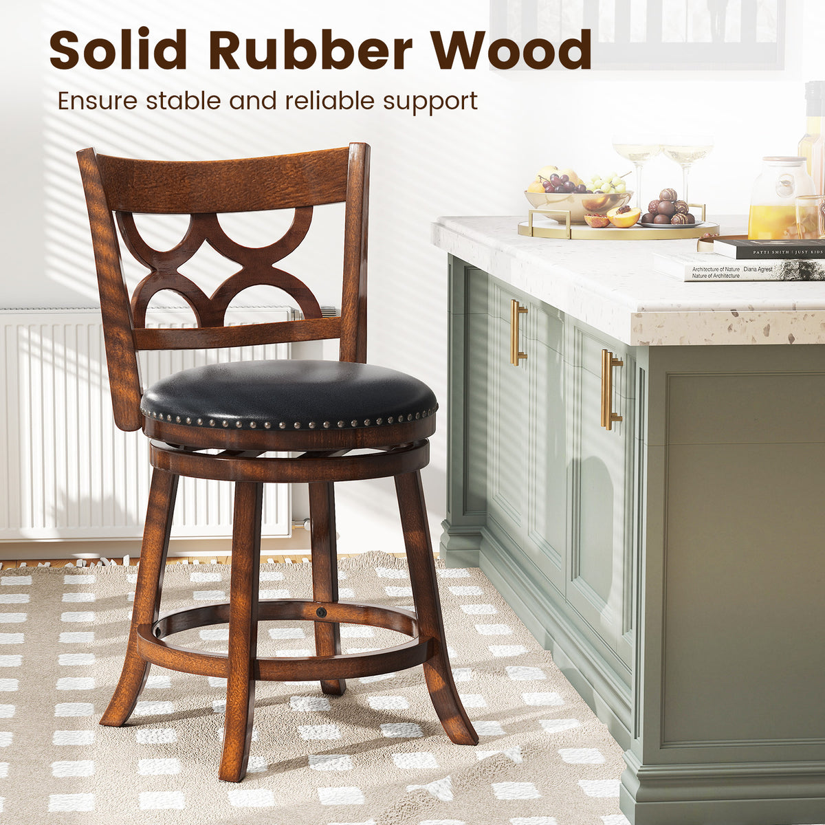 24 Inch Bar Stools Set of 2 with High Backrest - Wood Frame
