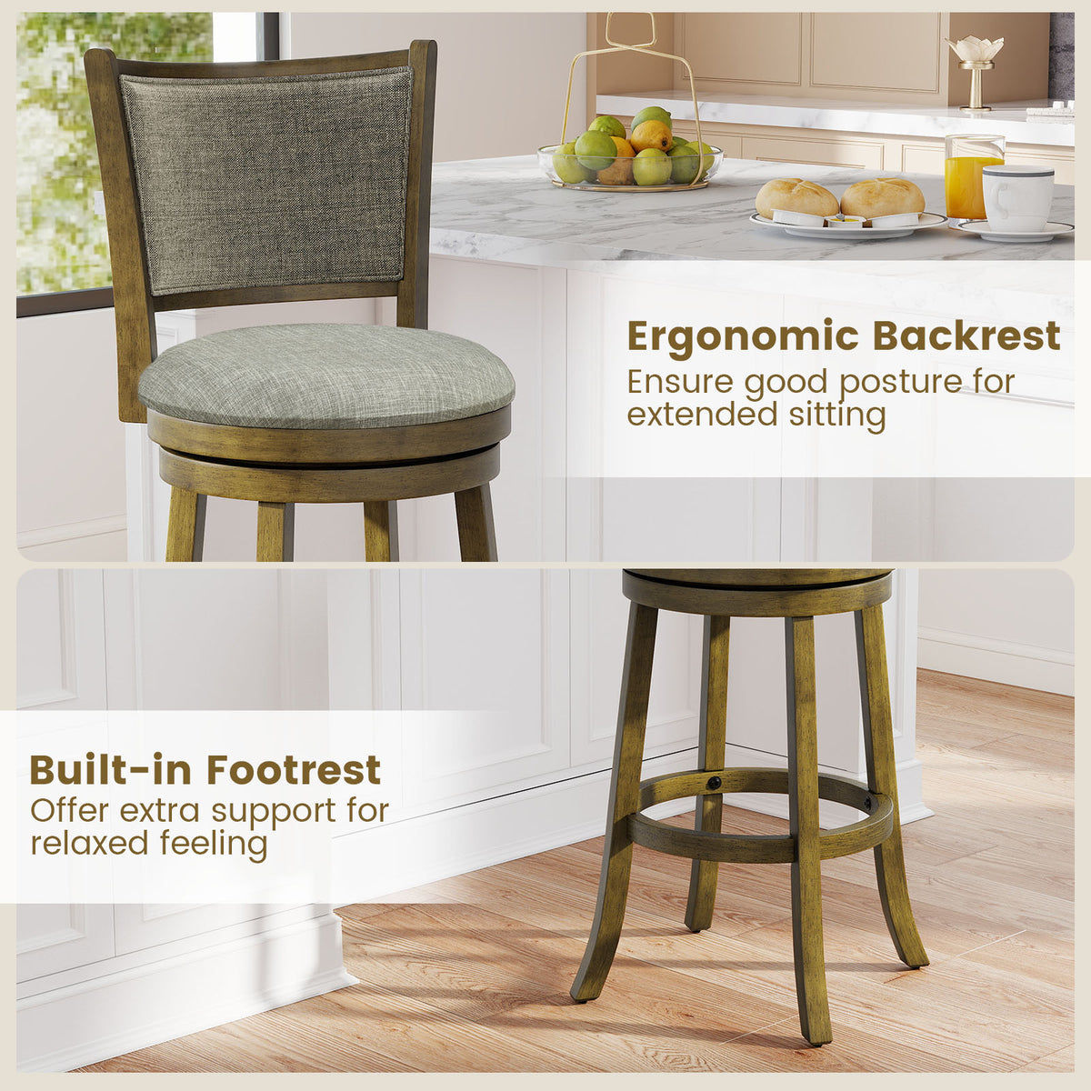 Swivel Bar Stools Set of 2, Upholstered Back - Large