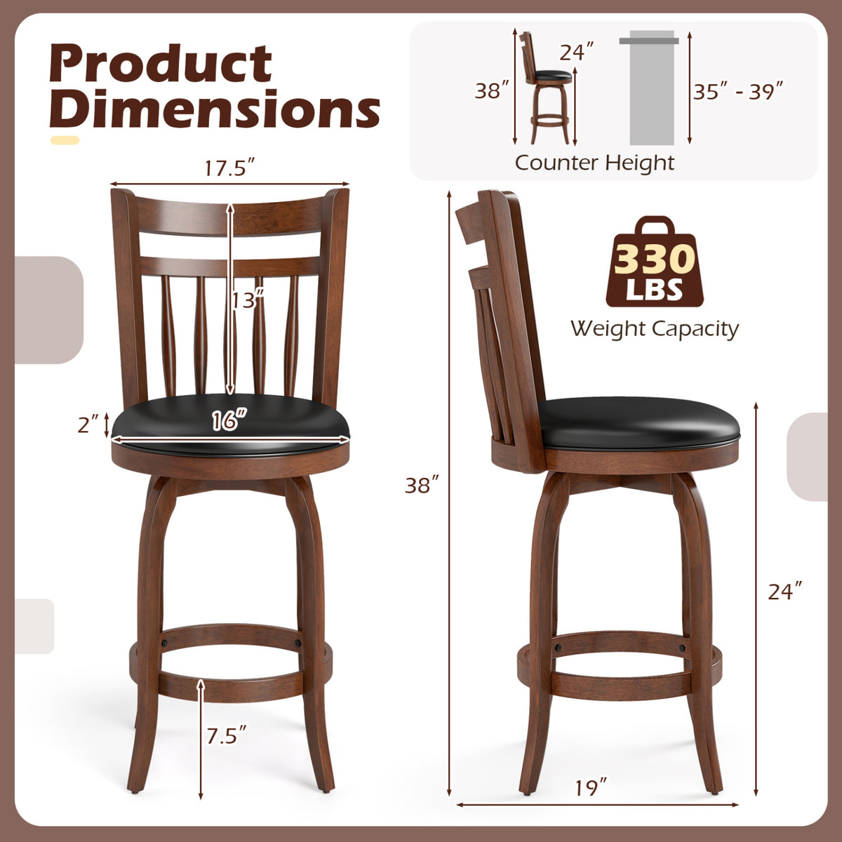 24" Counter Height Swivel Bar Stools Set of 2 - Faux Leather