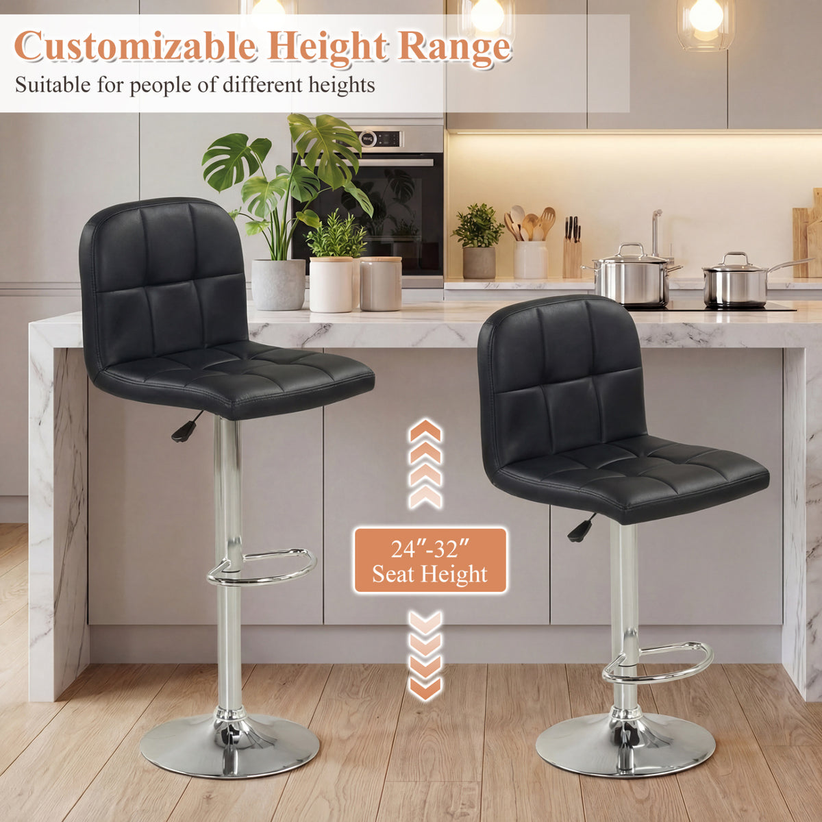 Swivel Bar Stools Set of 2 Adjustable Height – Horizontal Stripes, Black