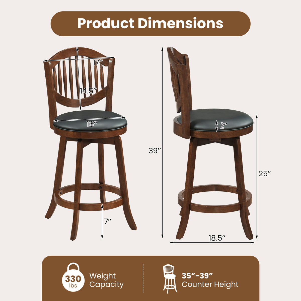 Bar Stools Set of 2 with Backrest, 25 Inch