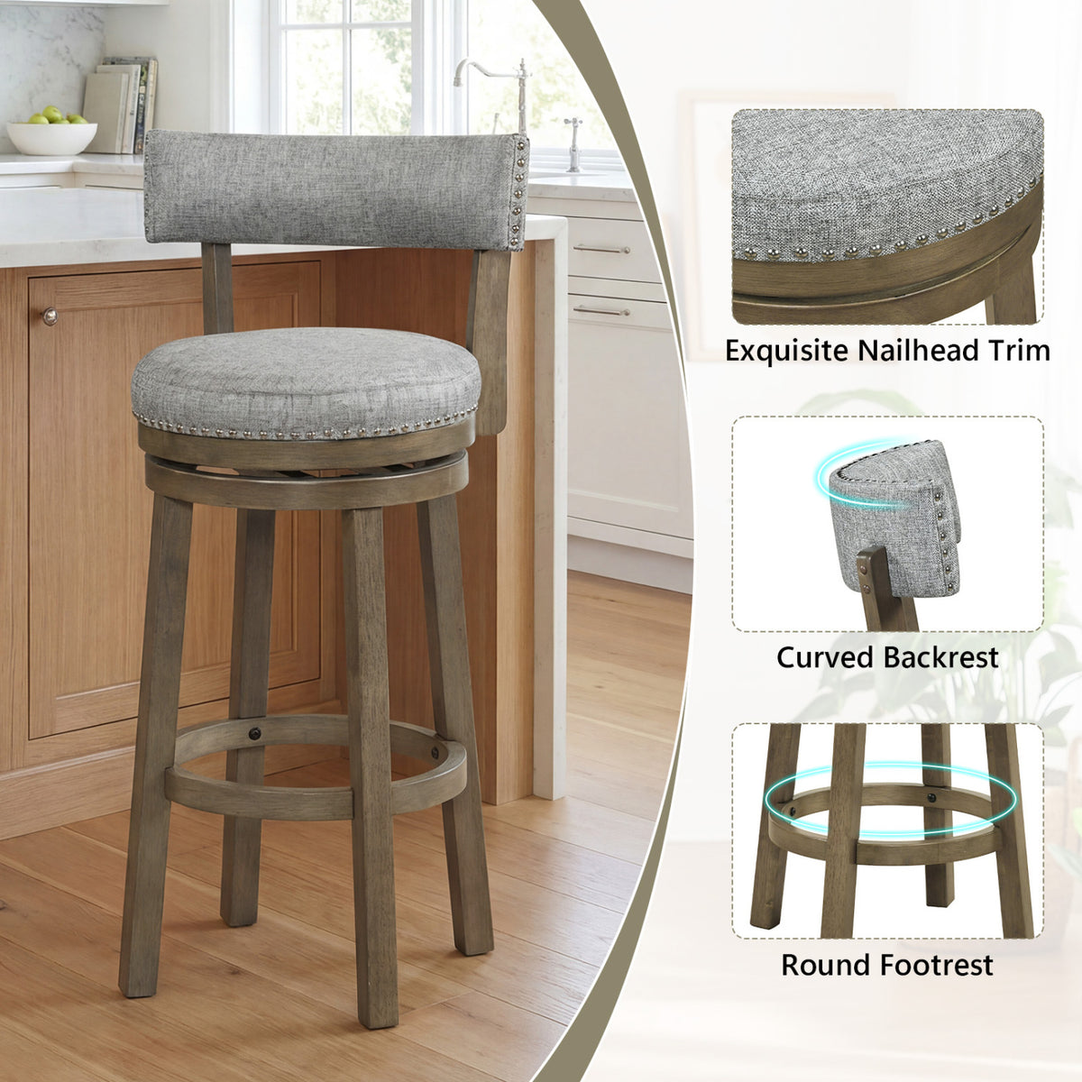 Swivel Bar Stools Set of 2 Linen Upholstered - 31.5 inches