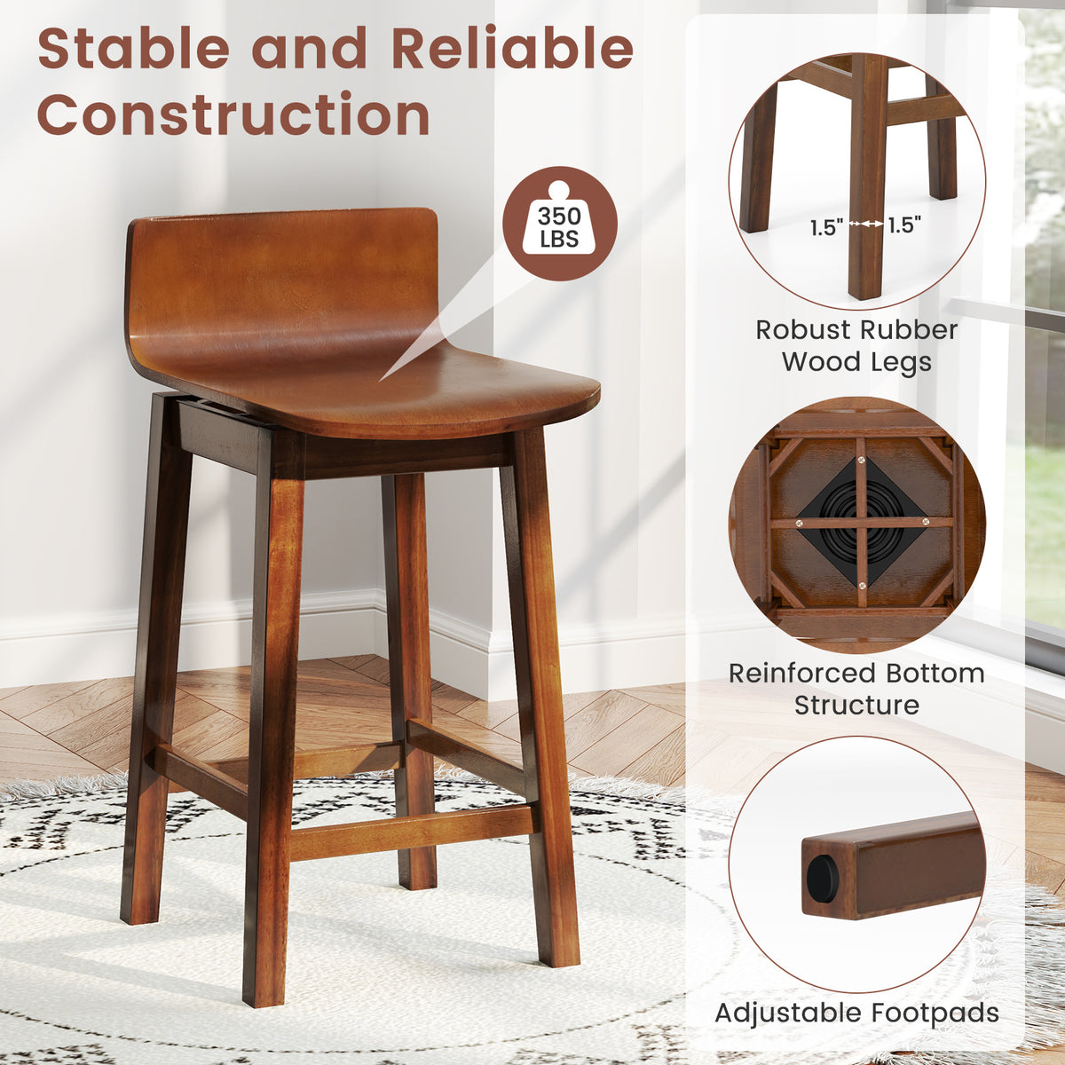 24.5" Swivel Bar Stools Set of 2, Walnut - Low Back