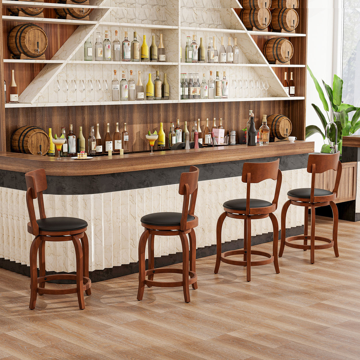Swivel Bar Stools Set of 2, 24 inches - Rubber Wood Frame