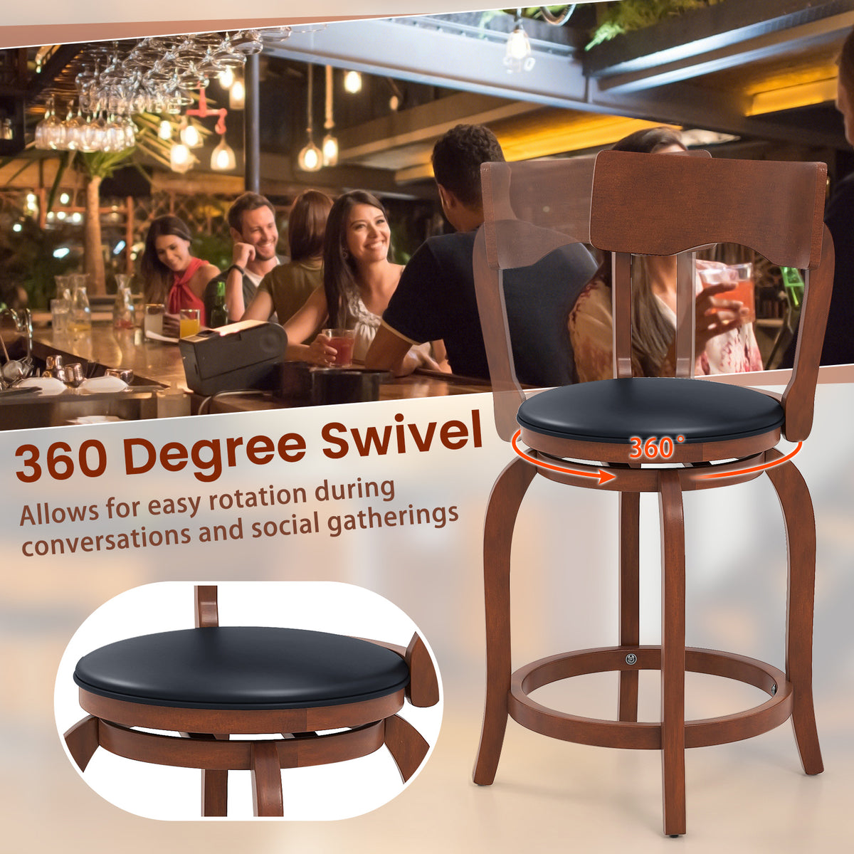 Swivel Bar Stools Set of 2, 24 inches - Rubber Wood Frame