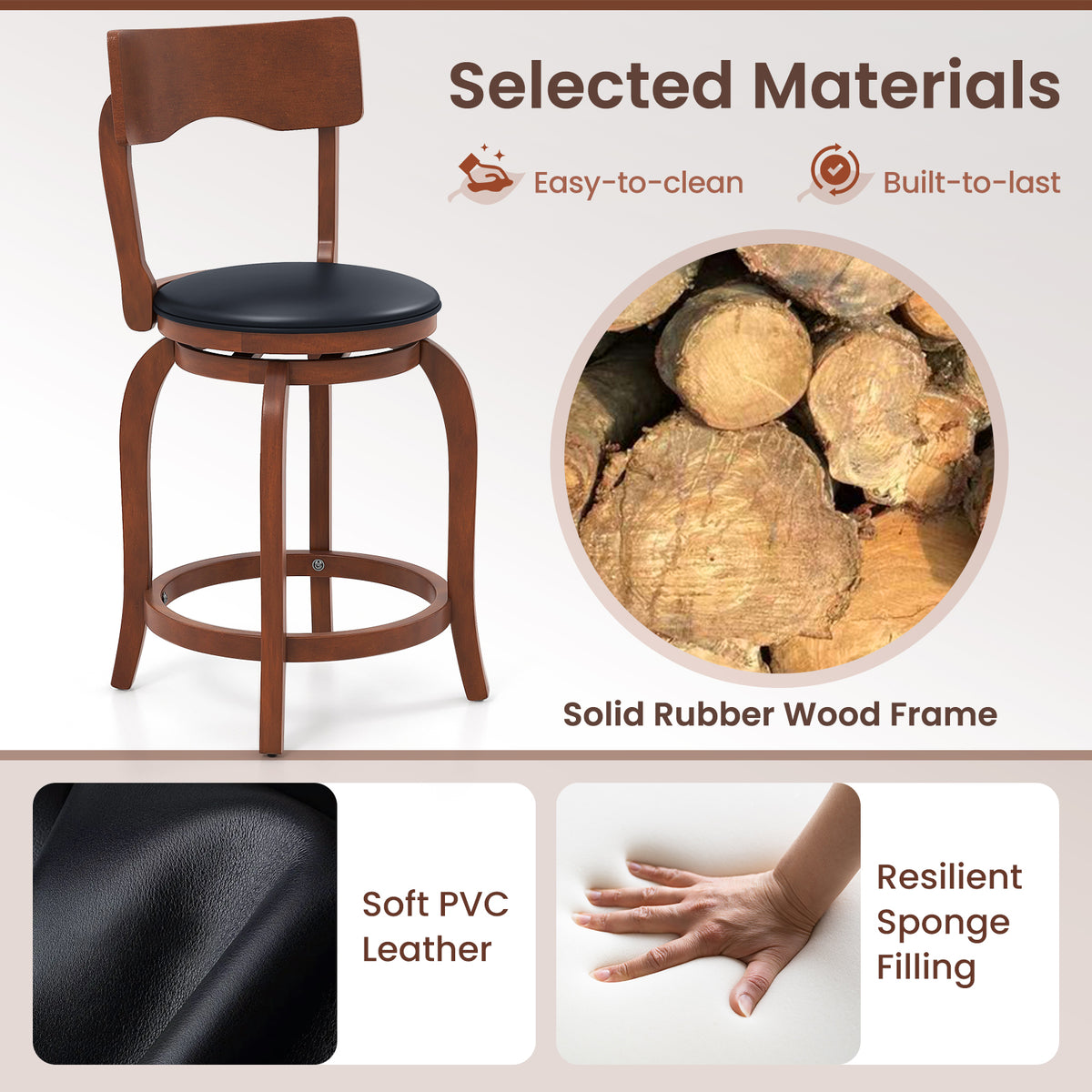 Swivel Bar Stools Set of 2, 24 inches - Rubber Wood Frame