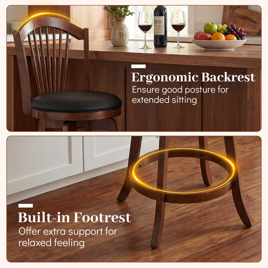 Swivel Bar Stool with Backrest and Wood Frame - 24 inches