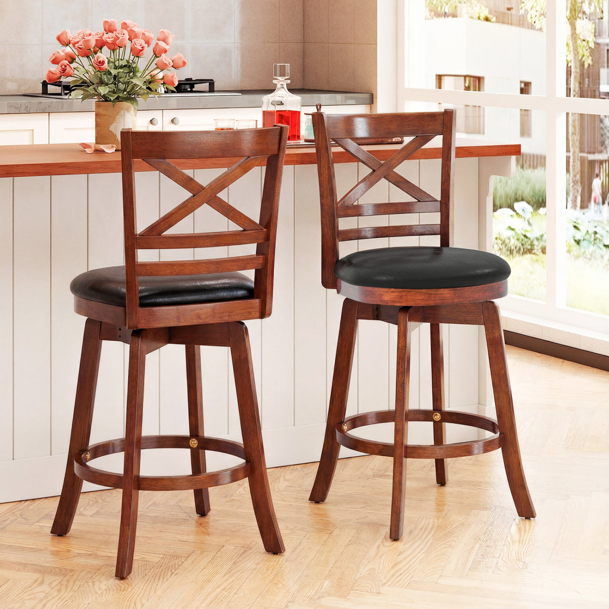 Swivel Barstools Set of 2 with Backrest and Footrest - 24 inches