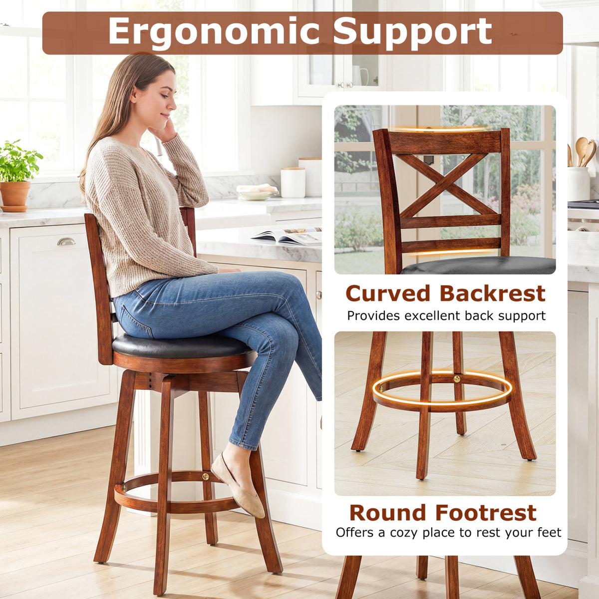Swivel Barstools Set of 2 with Backrest and Footrest - 24 inches