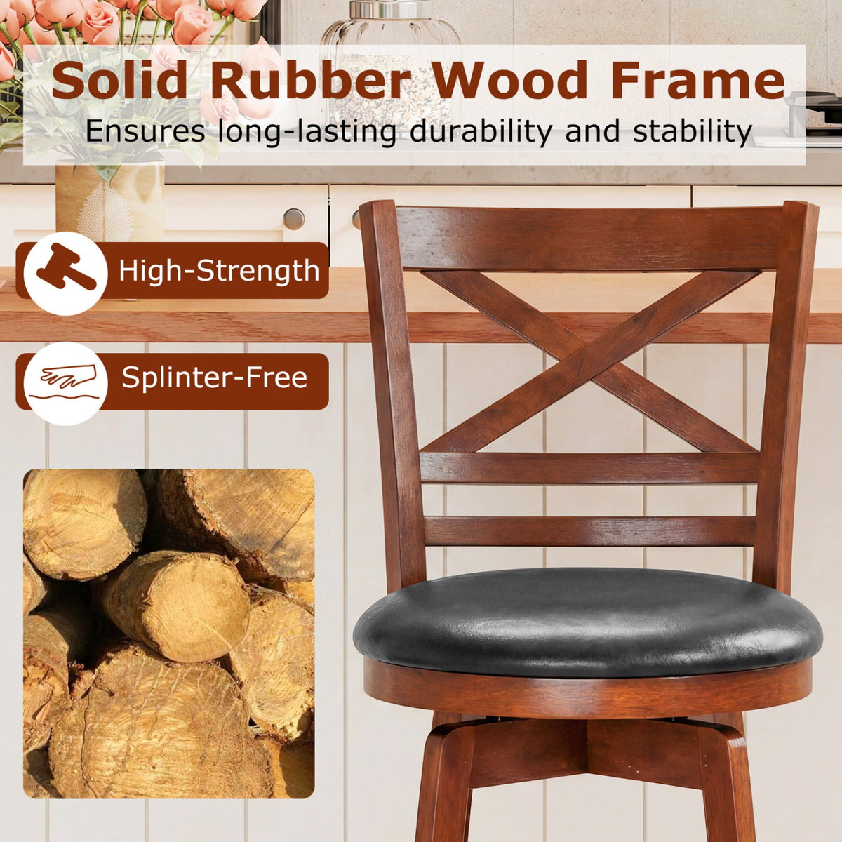 Swivel Barstools Set of 2 with Backrest and Footrest - 24 inches