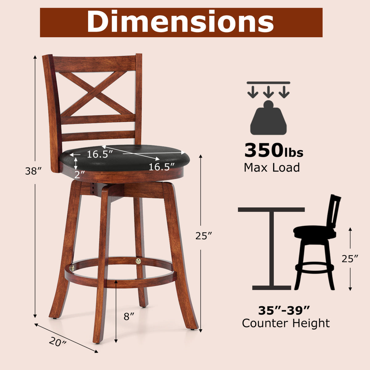 Swivel Barstools Set of 2 with Backrest and Footrest - 24 inches