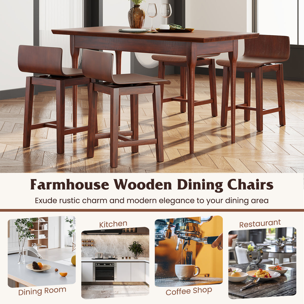 Swivel Dining Chair Set of 2, Low Back, Walnut