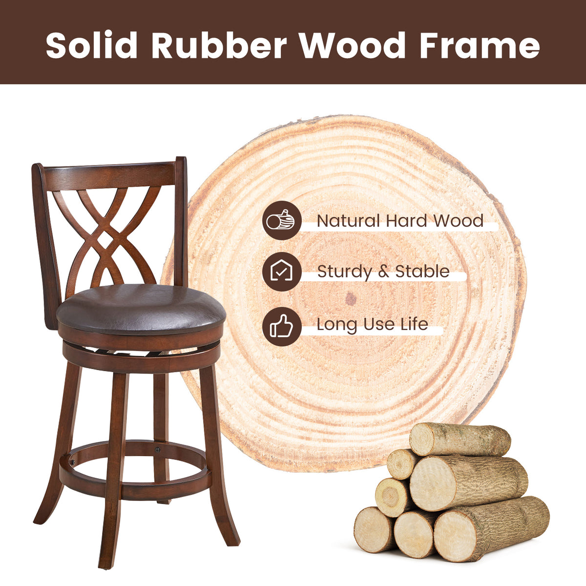 Counter Height Swivel Stool with PU Leather Cushion - Brown, 24"