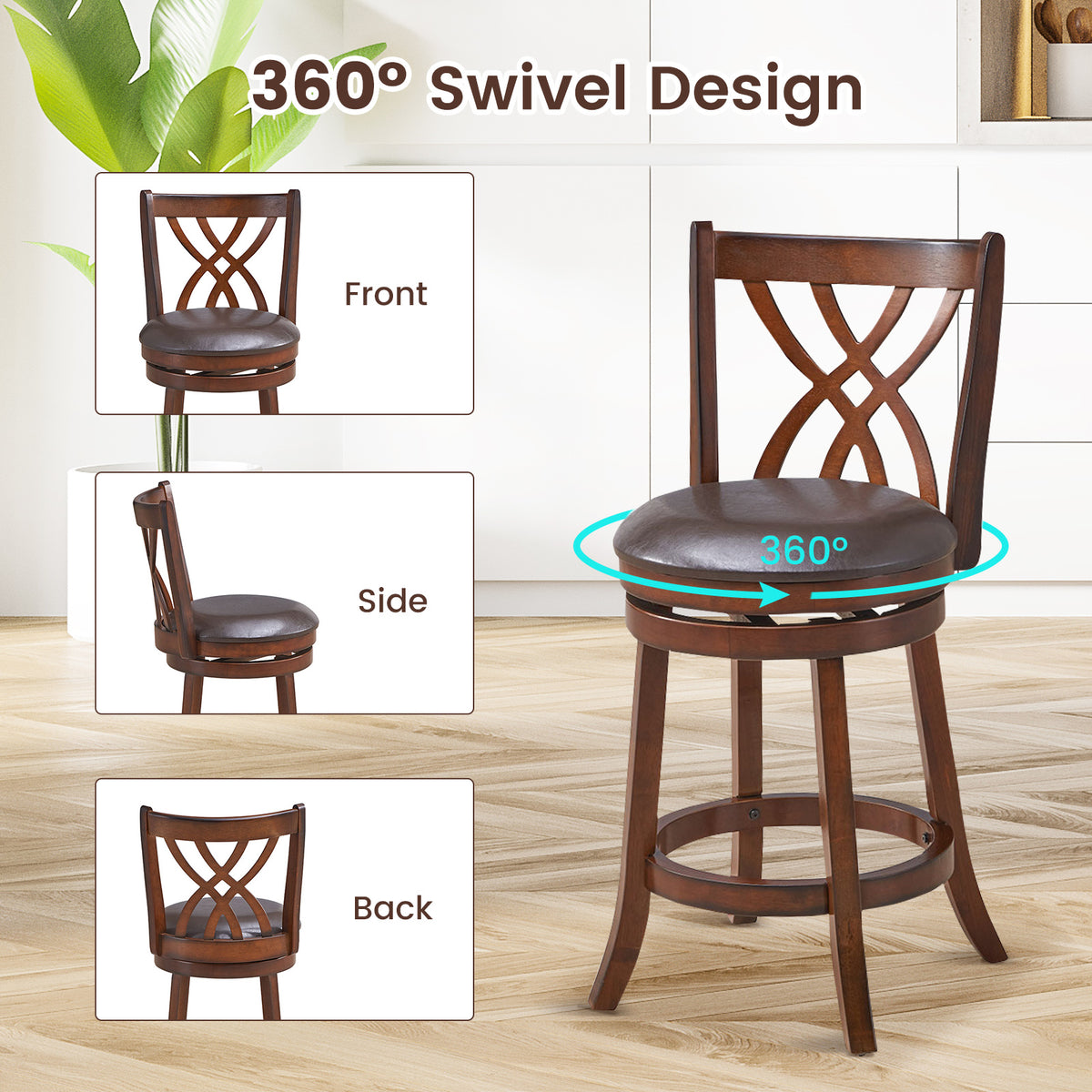 Counter Height Swivel Stool with PU Leather Cushion - Brown, 24"