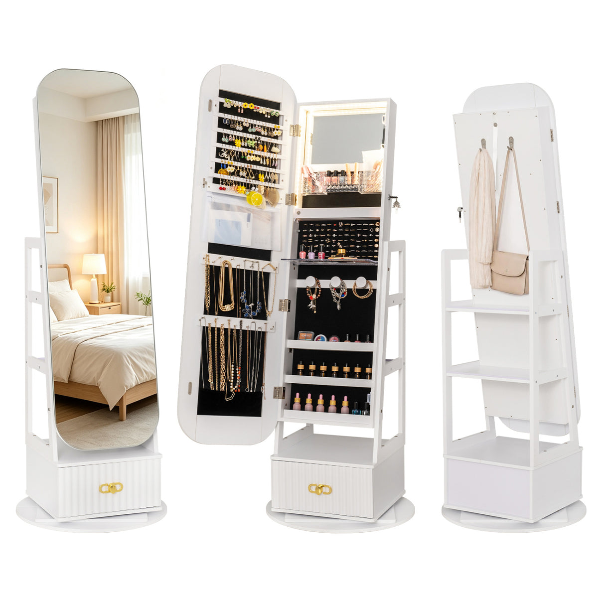Jewelry Cabinet with Mirror and LED Lights - White