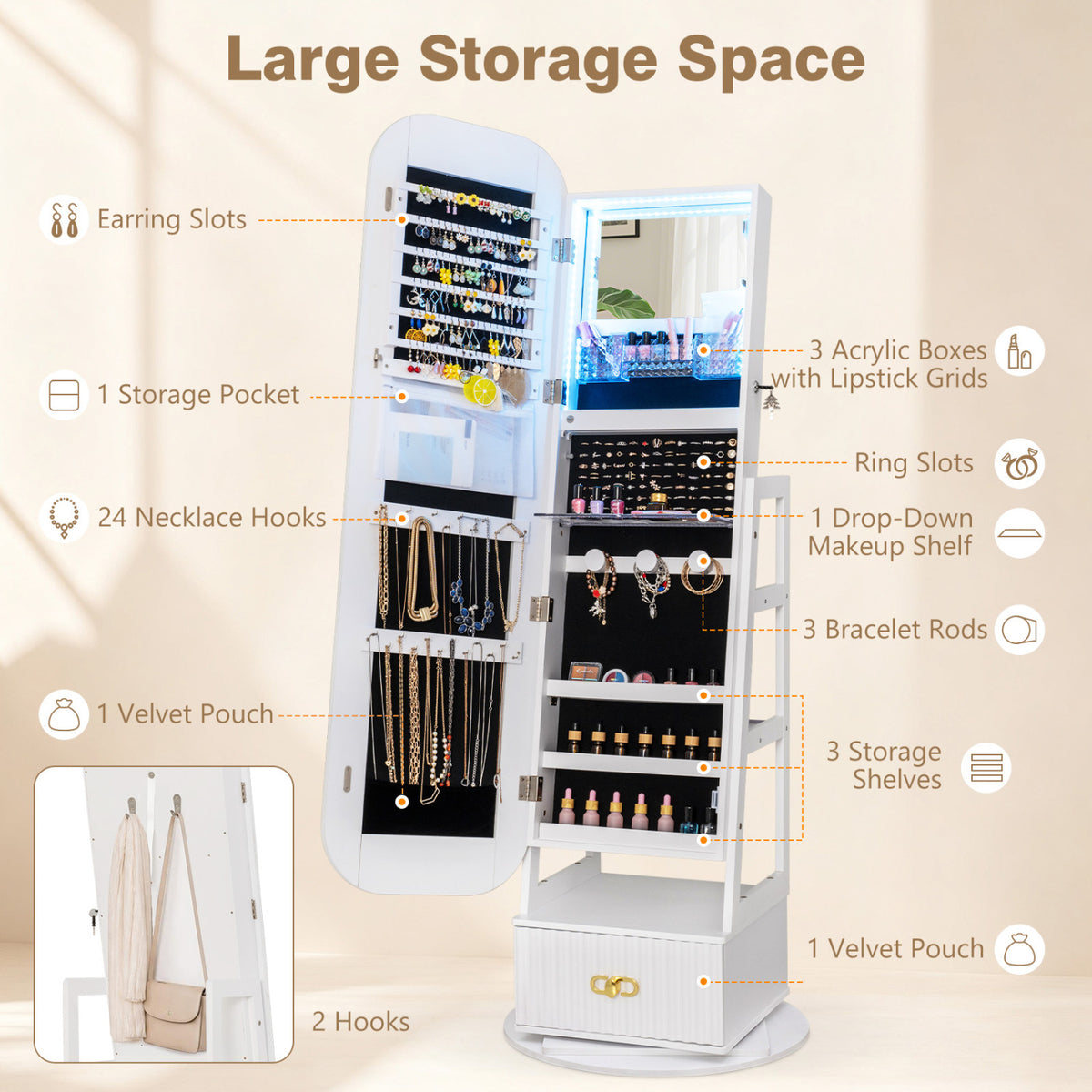 Jewelry Cabinet with Mirror and LED Lights - White