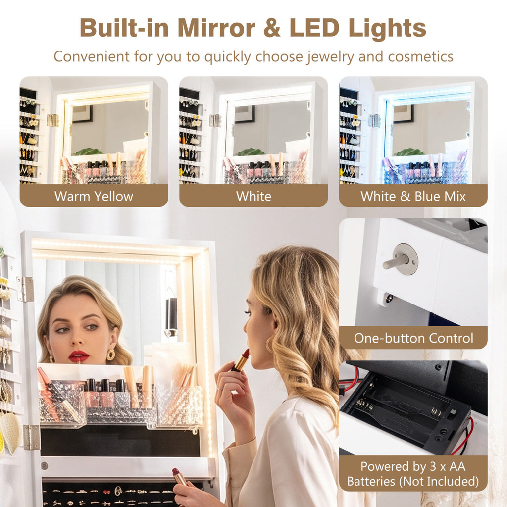 Jewelry Cabinet with Mirror and LED Lights - White