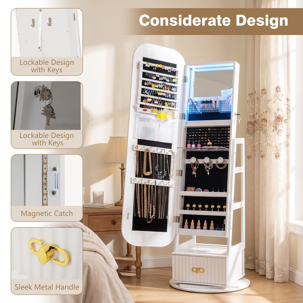 Jewelry Cabinet with Mirror and LED Lights - White