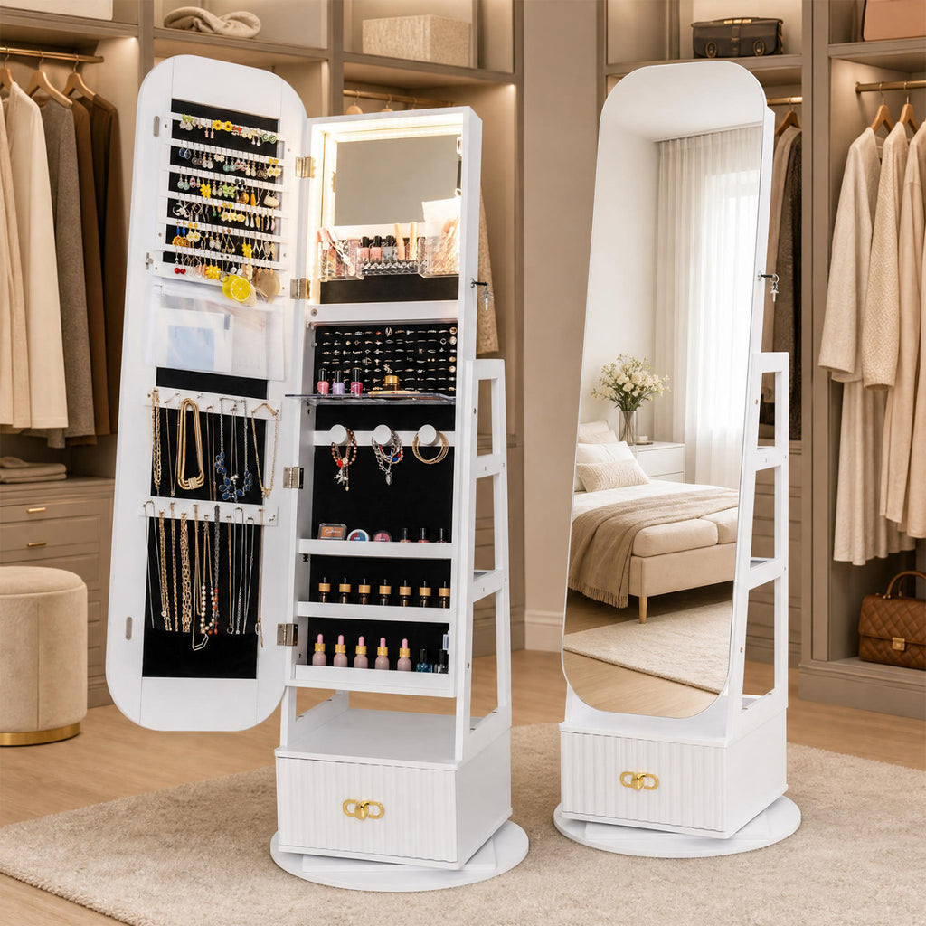 Jewelry Cabinet with Mirror and LED Lights - White