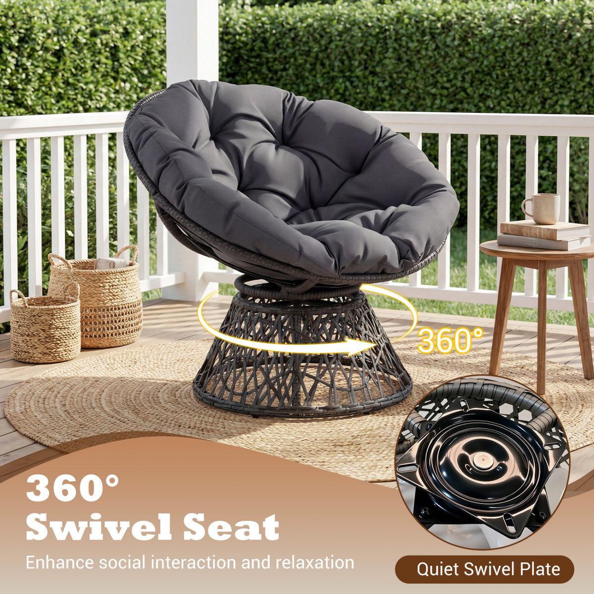 Swivel Papasan Chair Round Wicker Lounge – Gray