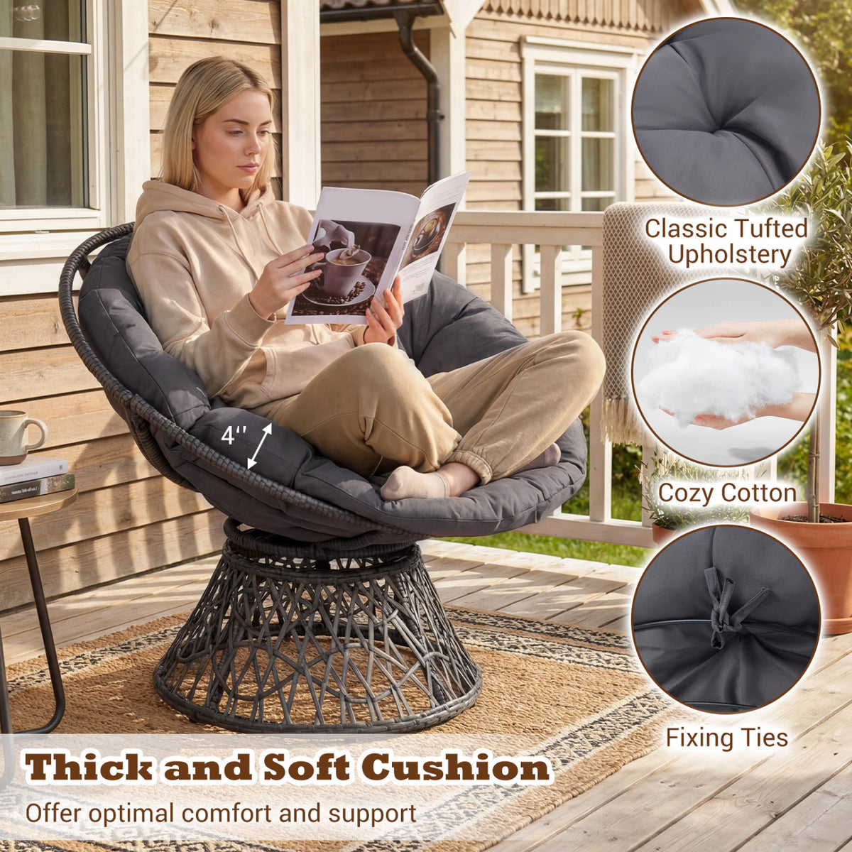 Swivel Papasan Chair Round Wicker Lounge – Gray