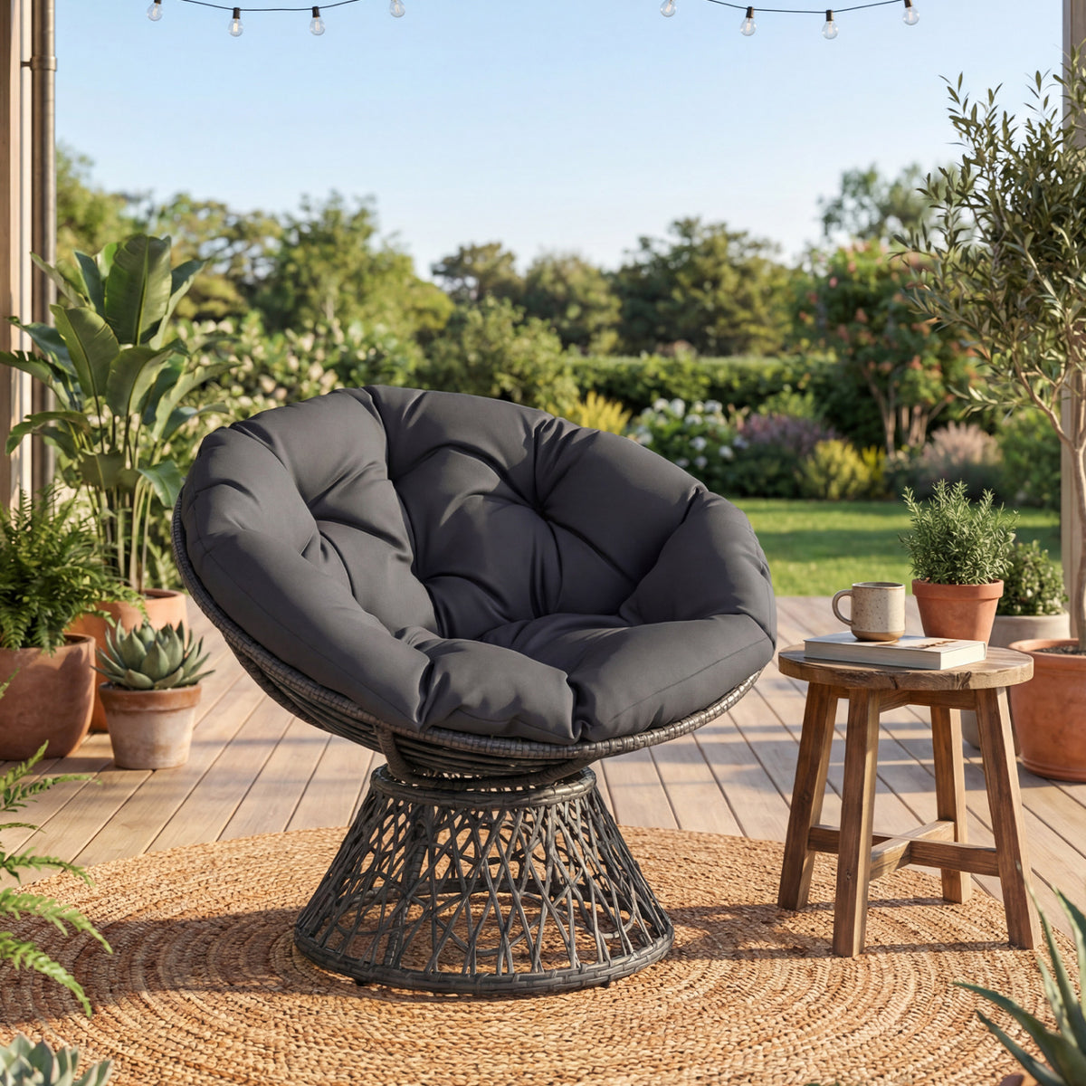 Swivel Papasan Chair Round Wicker Lounge – Gray