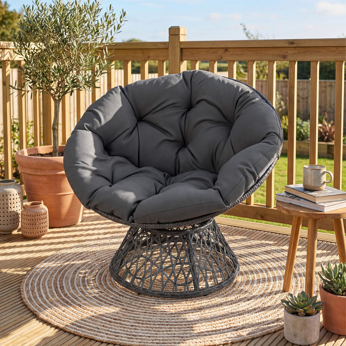 Swivel Papasan Chair Round Wicker Lounge – Gray