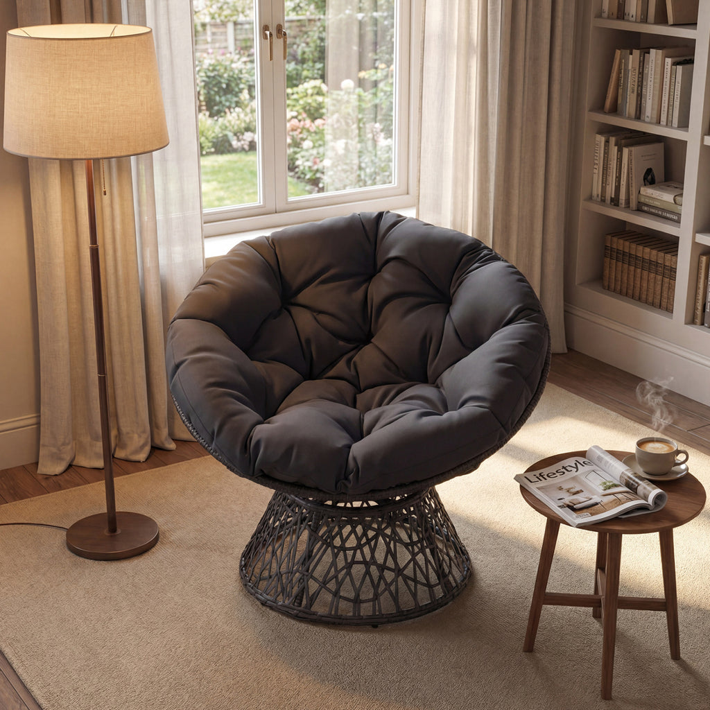 Swivel Papasan Chair Round Wicker Lounge – Gray