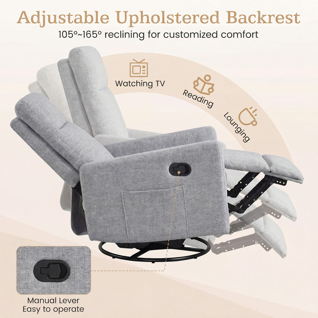 Swivel Rocking Chair 360° Nursery Recliner with Padded Back - Gray