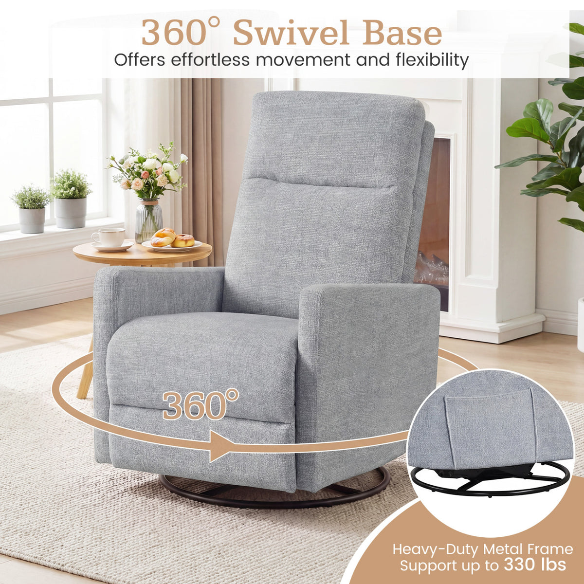 Swivel Rocking Chair 360° Nursery Recliner with Padded Back - Gray