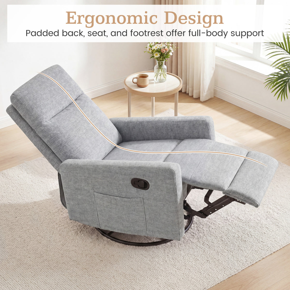 Swivel Rocking Chair 360° Nursery Recliner with Padded Back - Gray