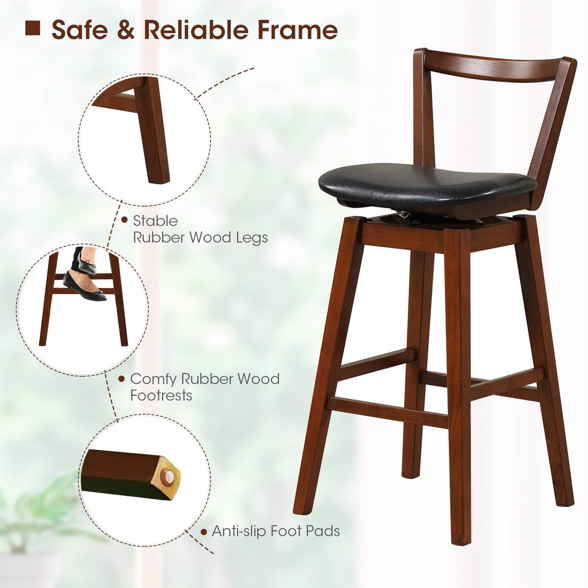 Swivel Upholstered PU Leather Bar Stool with Backrest – 30.5"