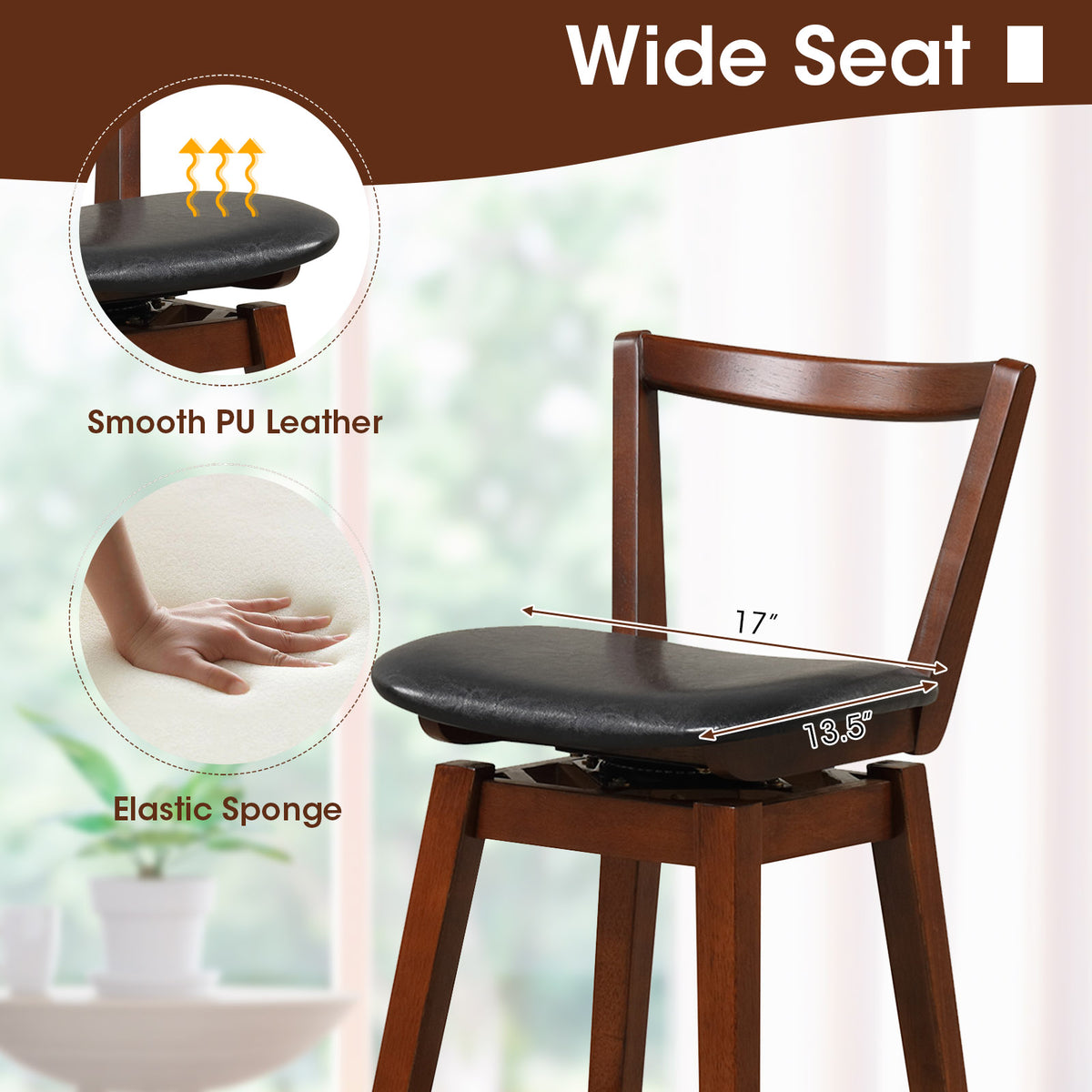 Swivel Upholstered PU Leather Bar Stool with Backrest – 30.5"