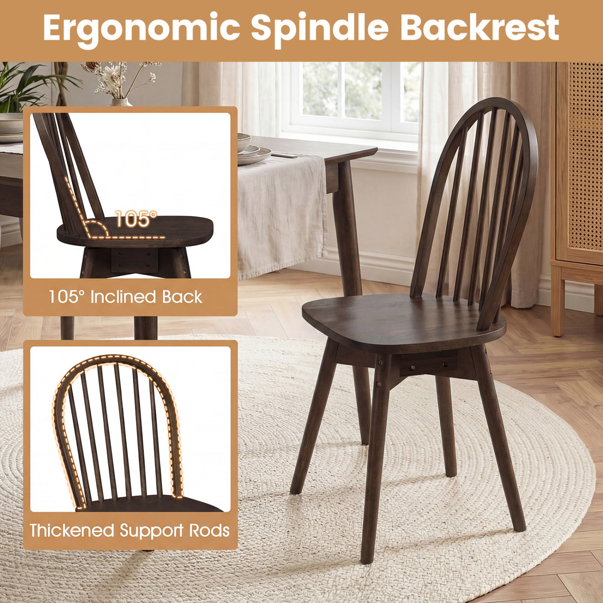 Swivel Windsor Dining Chairs Set of 4, Walnut