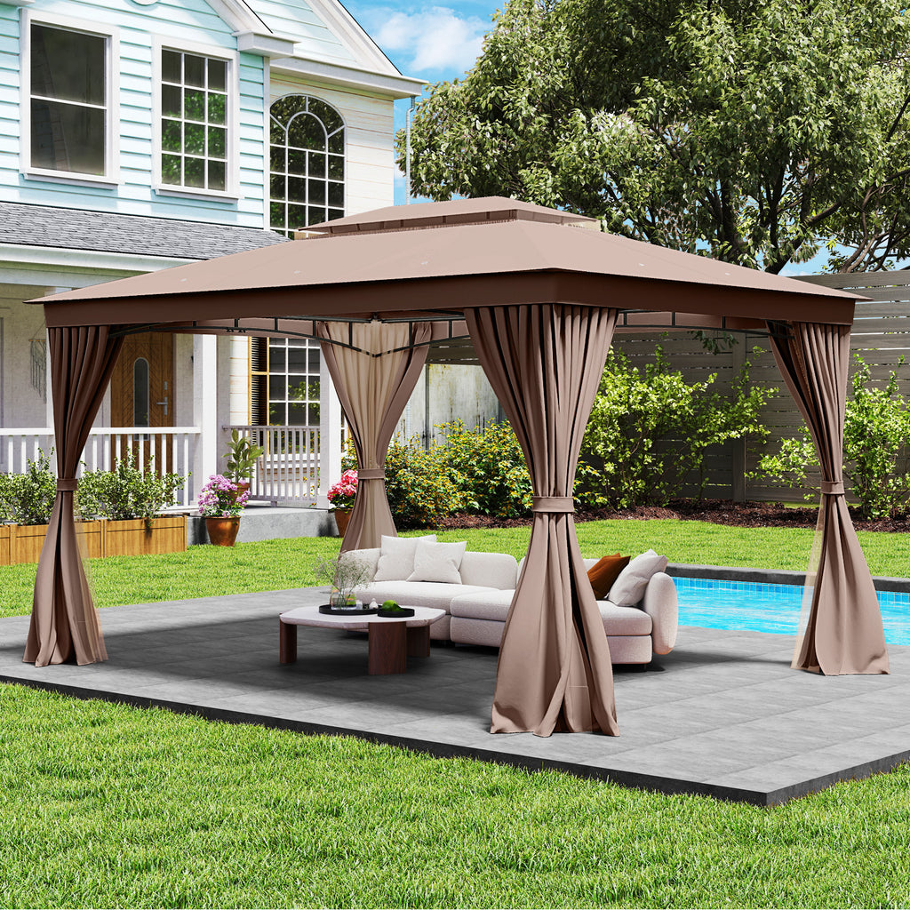 10 x 13 Feet Patio Gazebo with Double-Roof, Mesh Netting & Privacy Curtains – Gray
